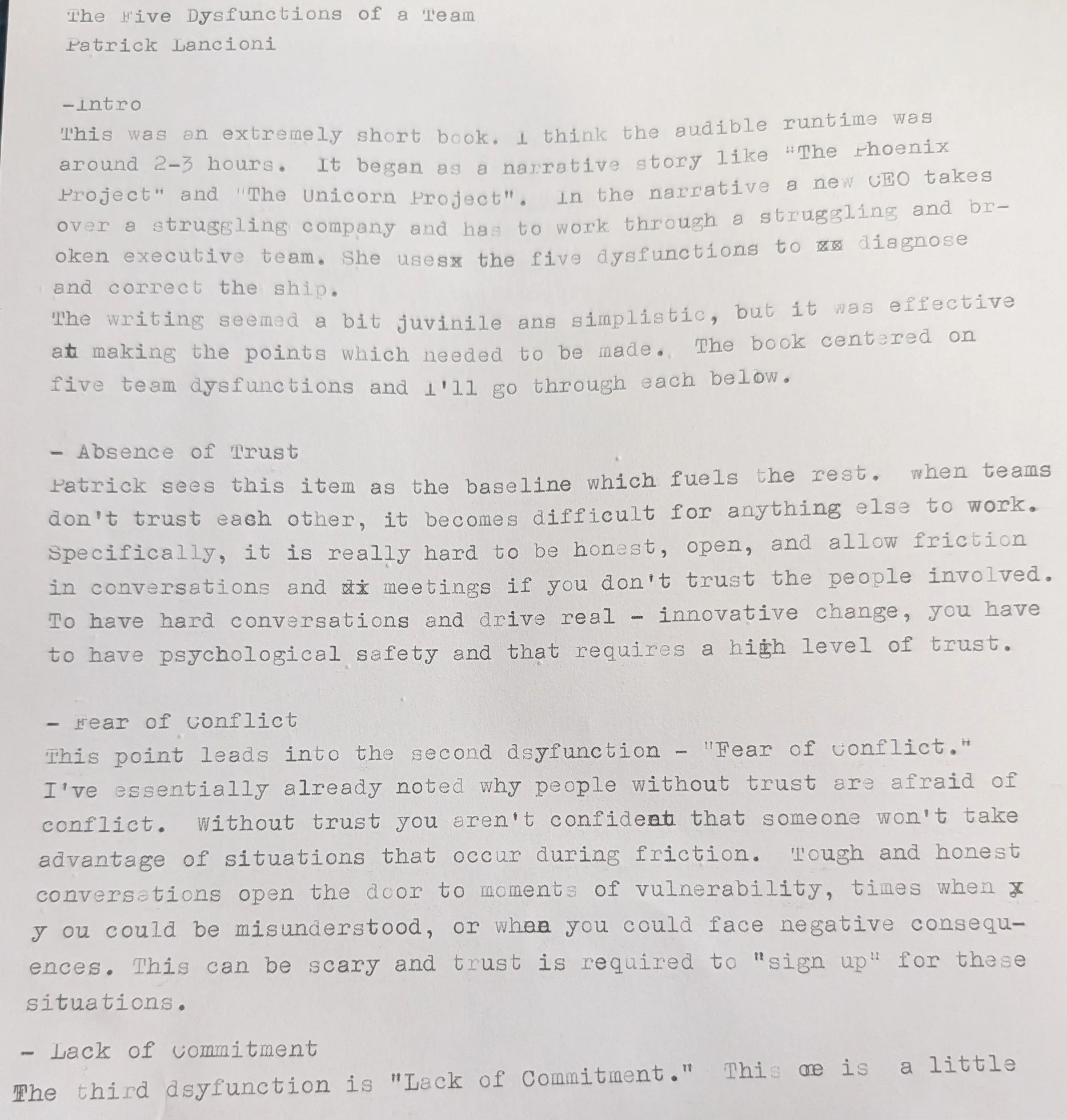 The Five Dysfunctions of a Team - typed draft page 1